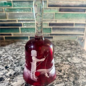 Vintage 70s Westmoreland Cranberry Glass Bell-featuring Mary Gregory